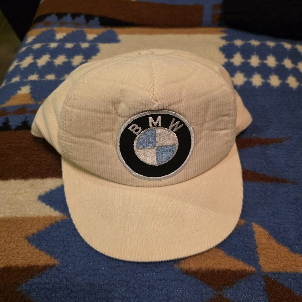VTG 1980s BMW Motorsports Corduroy Trucker Hat Cream Off White Snapback Sz M/L - Picture 7 of 7
